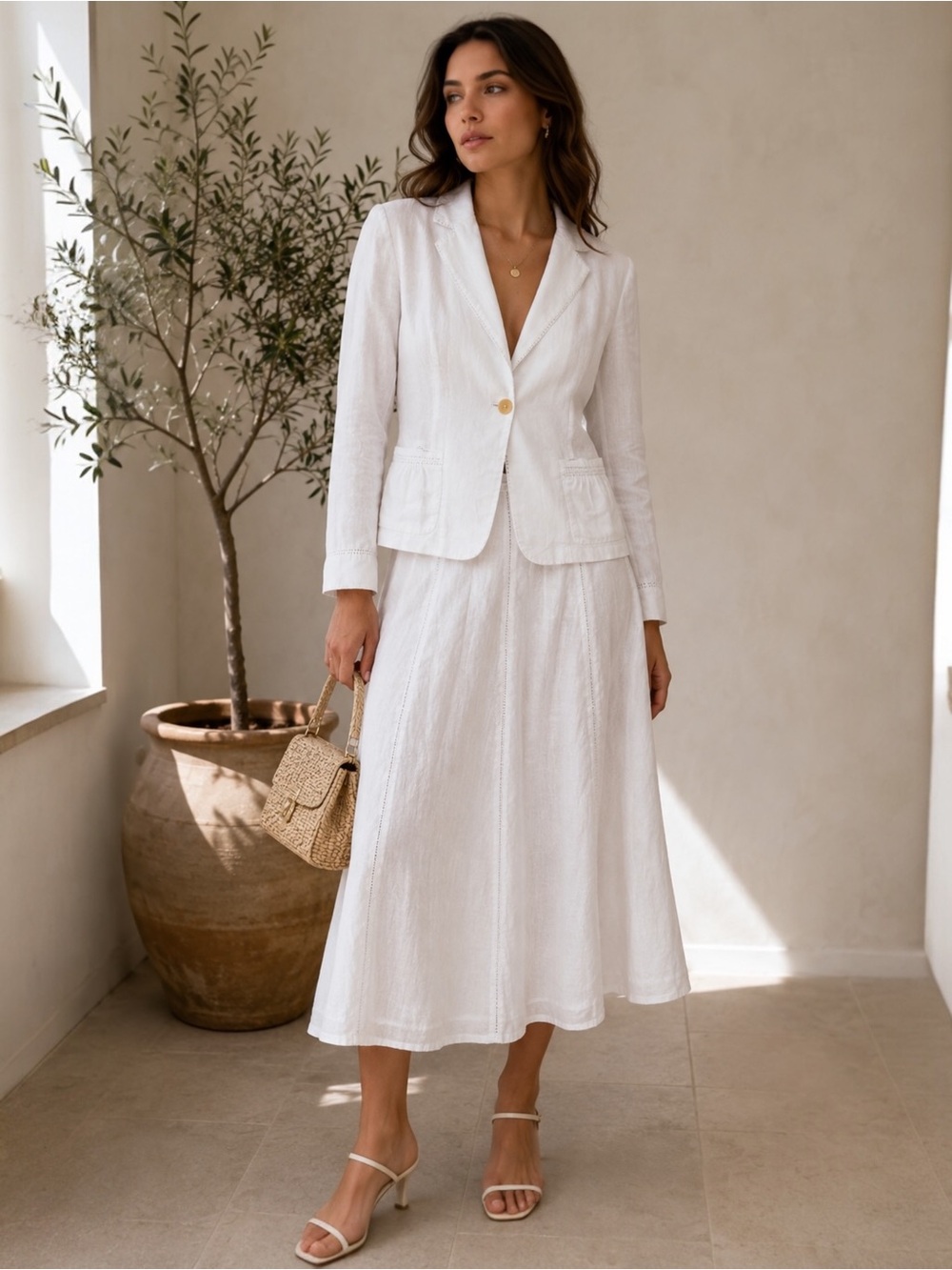 Vintage DKNY White Linen Skirt Suit Set Size 12 Blazer Midi Skirt Quiet Luxury